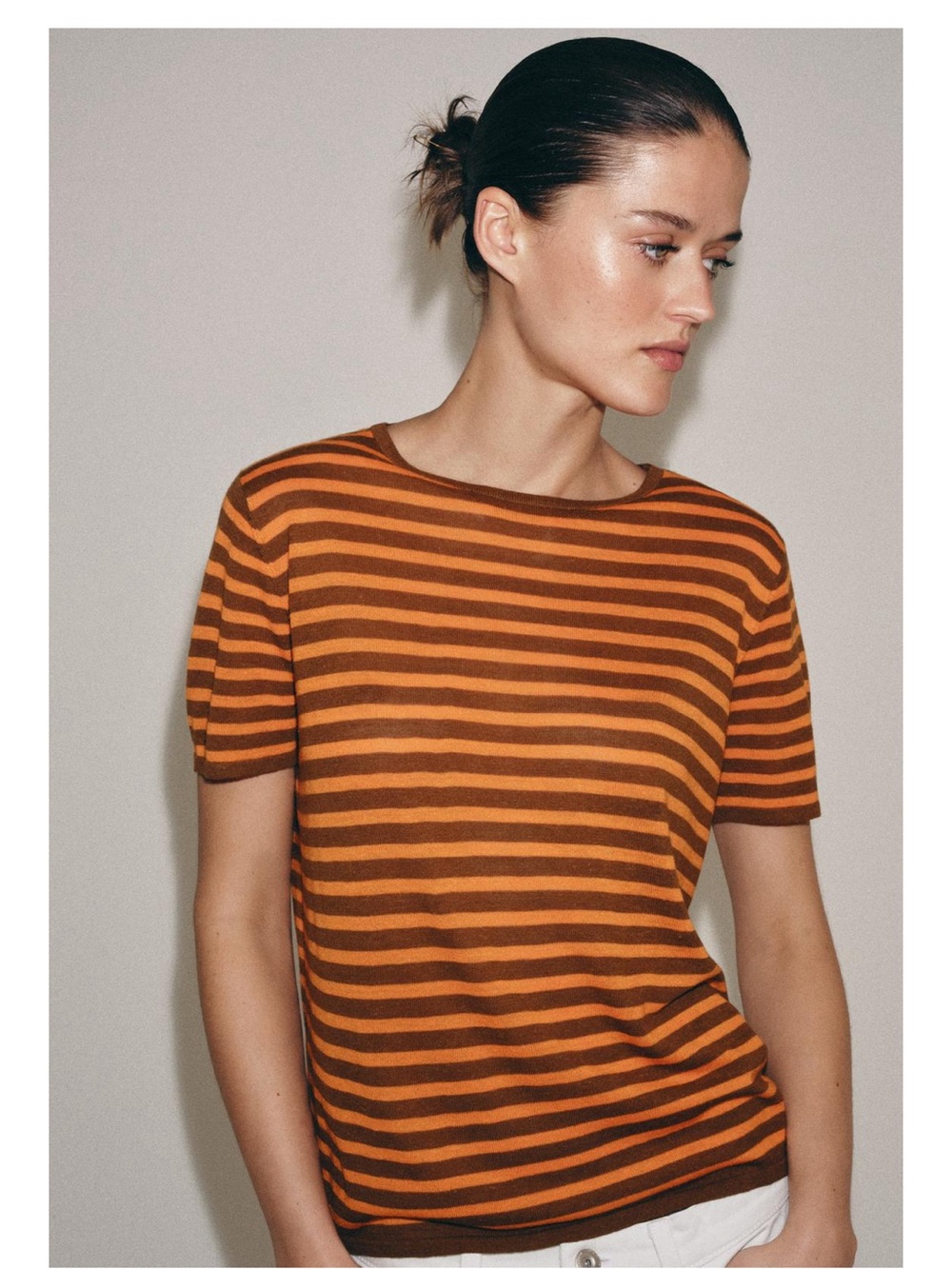 Zara Orange and Brown Striped Short-Sleeve Tee